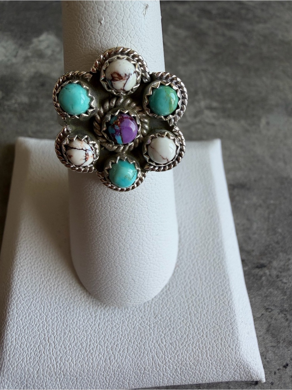 Multi-Stone Cluster Ring in White Horse, Purple & Blue Turquoise- Adjustable